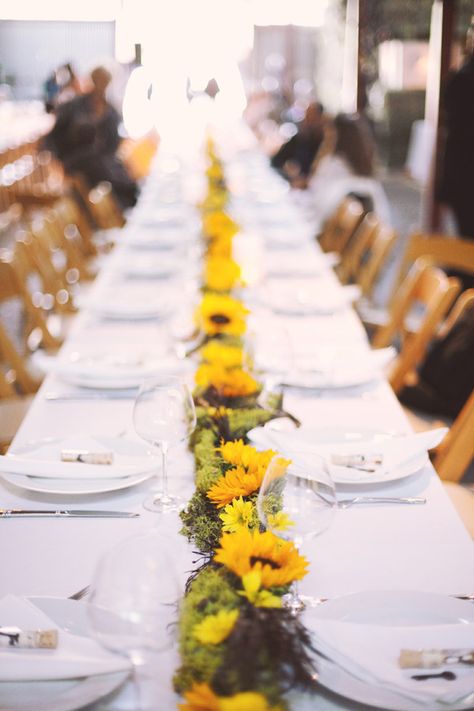 lovely idea for trestle tables could bu used with any large bloom Wedding Guest Table Decor, Sunflower Table, Sunflower Table Runner, Sunflower Wedding Decorations, Wedding Guest Table, Sunflower Centerpieces, Tafel Decor, Steampunk Wedding, Table Runners Wedding