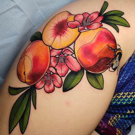 Nectarine Tattoo, Traditional Peach Tattoo, Peach Tattoo Design, Georgia Peach Tattoo, Peaches Tattoo, Peach Tattoos, Fruit Tattoo Ideas, Fruit Tattoos, 00 Tattoo