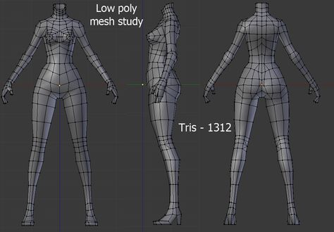 lowpoly body mesh training by Onmioji on #deviantART Low Poly Female, Blender Character Modeling, Character Reference Sheet, Low Poly Character, Polygon Modeling, 3d Modeling Tutorial, Anatomy Models, Character Model Sheet, Image 3d