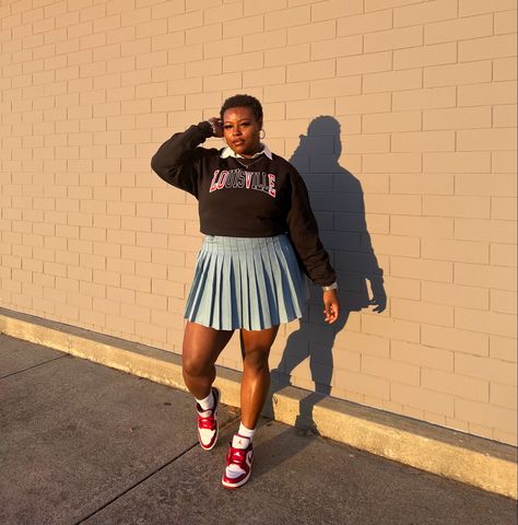 Dark Skin Plus Size Female In Jean Skirt Black Sweater White Collar Skirt Chicago Jordan 1s From 502 Originals Akira And Wish ATL Sydneyyrhodess Sydney Rhodes Plus Tennis Skirt Outfit, Tennis Skirt Plus Size Outfit, Black Pleated Skirt Outfit Plus Size, Jean Pleated Skirt Outfit, Pleated Mini Skirt Outfit Plus Size, Pleaded Skirts Plus Size, Plus Size Tennis Skirt Outfit, Pleated Jean Skirt Outfit, Jean Pleated Skirt