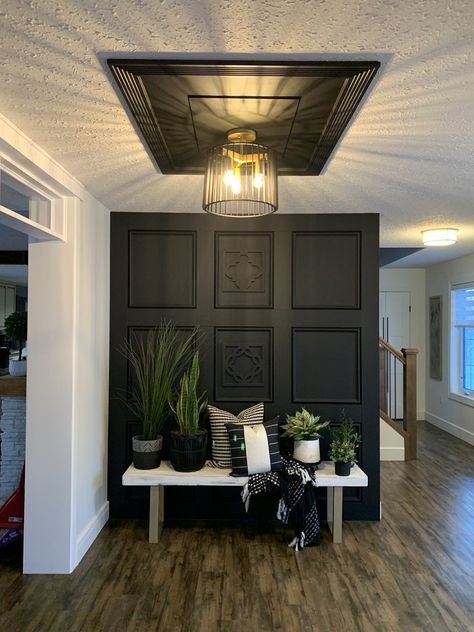 Barndominium Accent Wall, Black In Living Room, Welcoming Room Decor, Entryway Decor Hallway, Modern Rustic Wall Decor Living Room, Black And Green Home Aesthetic, Modern Farmhouse Living Room Black Accents, Black Entryway Ceiling, Front Entry Ideas Interior Design