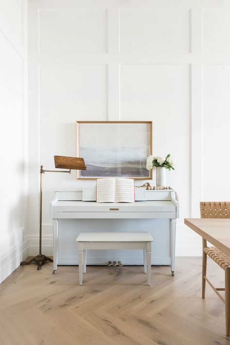 We painted our client's grandmother's old piano in Grey Owl by Benjamin Moore to bring new life to it! Piano Living Rooms, Mudroom Flooring, Piano Decor, White Piano, Piano Room, Herringbone Floor, Studio Mcgee, Sofa Shop, Shop Chair