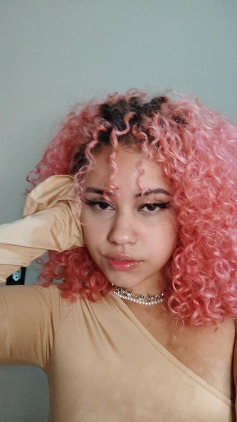 Pink Brown Curly Hair, Pastel Pink Curly Hair, Hair Colour For Curly Hair, Light Pink Curly Hair, Curly Pink Hair, Pink Curly Hair, Impulsive Decisions, Hair Stripes, Short Dyed Hair