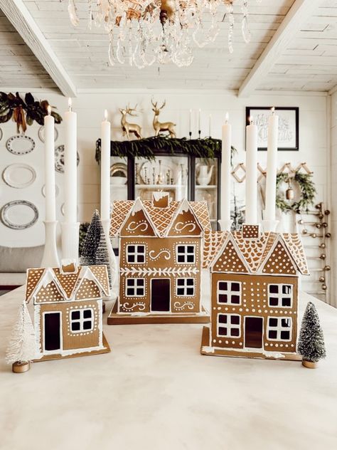 Easy DIY Gingerbread Houses – Returning Grace Designs Anthropologie Gingerbread House, Chipboard Gingerbread House, Gingerbread House Entryway, Ginger Bread Village Ideas, Paper Gingerbread Houses, Gingerbread Holiday Decor, Ginger Bread Cardboard House, Neutral Gingerbread House, Paper Mache Houses Christmas