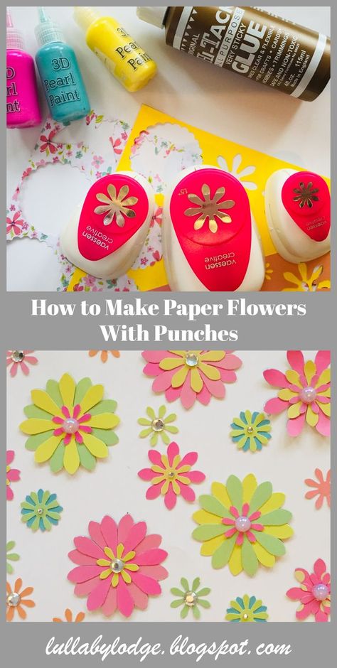 Make these pretty paper flowers and use them to embellish all your projects. They are so easy to make and totally addictive. Simple easy project, your kids will love making these. Decorate cards, notebooks, use for gift wrapping and many, many more ideas. Use up all those paper scraps and make totally unique paper flowers... #papercraft #paperflowers #flowerpunchs #daisypunches #paperdaisys #cardmaking #gfitwrapping #kidscrafts Craft Paper Punches, Paper Punch Art, Make Paper Flowers, Paper Punches, Crafty Decor, Origami Videos, Pearl Paint, Paper Scraps, Scrap Ideas