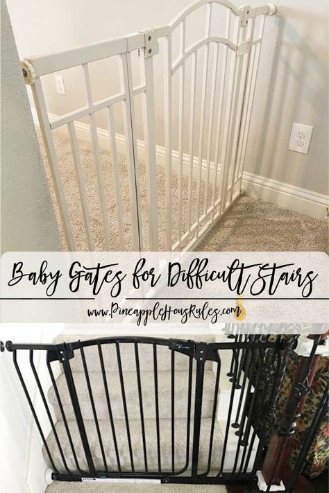 Baby-Gates-for-Difficult-Stairs Baby Gates For Stairs With No Wall, Baby Gates For Large Openings, Baby Gate For Stairs With No Wall, Baby Gates For Stairs With Banister, Stairs Without Banister, Childproofing Stairs, Baby Gate Alternative, Banister Baby Gate, Baby Gates For Stairs