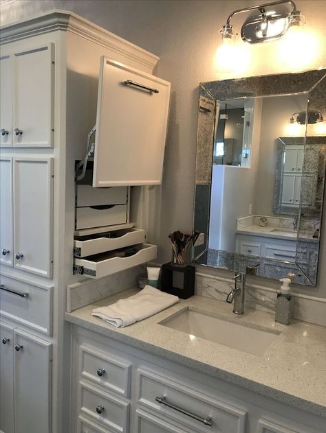 Built In Vanity, Bathroom With Makeup Vanity, Beauty Boost, Bathroom Redesign, Small Bathroom Ideas On A Budget, Master Bath Remodel, Bathroom Remodel Designs, Small Bathroom Ideas, Bathroom Redo