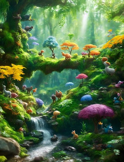 Fantasy forest with cute animals and colorful trees Magical Forest Creatures, Magical Places Fantasy Fairyland, Enchanted Forest Creatures, Magical Forest Illustration, Fairy Forest Art, Forest Fairy Art, Fantasy Forest Art, Backdrop Images, Faerie Aesthetic