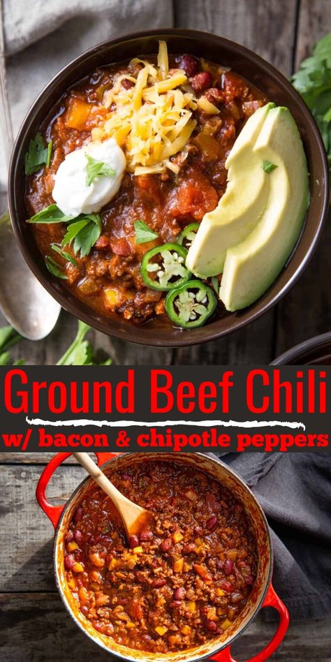 Chili With Bacon, Beef Chipotle, Beef Brisket Chili, Ground Beef Chili Recipe, Chipotle Chili Recipe, Bbq Dinner Recipes, Thick Beef Stew, Dinner Mexican, Ground Beef Chili