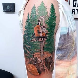 Skidder Tattoo, Arborist Tattoo, Lumberjack Tattoo, Chainsaw Tattoo, Redwood Tattoo, Jack Tattoo, Shoulder Tats, Son Tattoo, Parent Tattoos