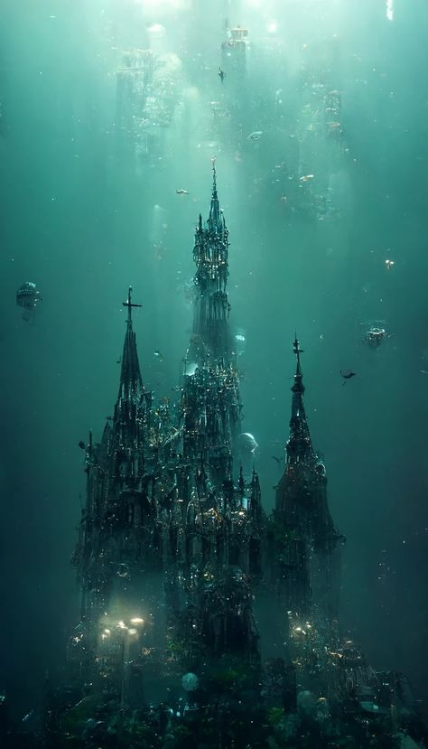 Mermaid Castle Underwater, Deep Sea Aesthetic Dark, Castle Under The Sea, Underwater Building, Magic Scenery, Underwater Palace, Undersea Kingdom, Underwater Castle, Water Kingdom