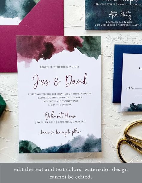 Jewel Tone Wedding Invitations, Plum Wedding Invitations, Burgundy Invitations, Gem Tones, Plum Wedding, Jewel Tone Wedding, Jewel Tone Colors, Invitation Wedding, Watercolor Wedding Invitations