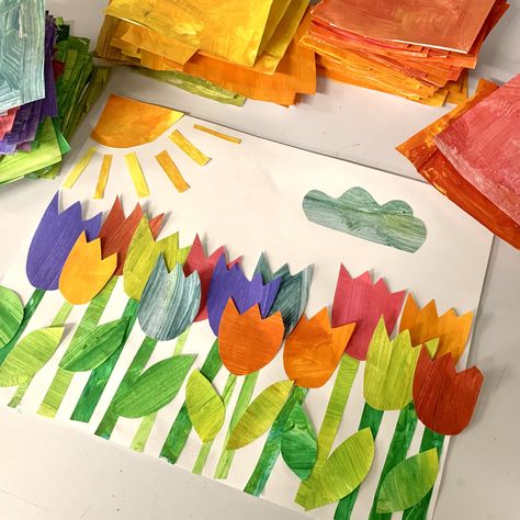 Eric Carle Art Preschool, Collage Kids Art Projects, Garden Art Preschool, Flower Preschool, Eric Carle Crafts, Eric Carle Art, Painted Paper Collage, Eric Carle Activities, Spring Art Projects