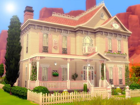 Pink Sims House, The Sims 4 Pink House, Barbie House Sims 4, Sims 4 House Cc Lot, Sims 4 Pink House, Sims 4 Barbie House, Pink Sims 4, Sims 4 Victorian House, Sims 4 Beach House