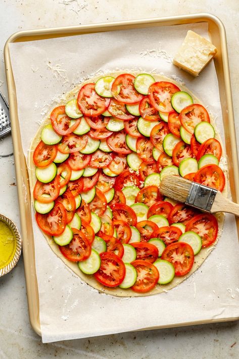 Zucchini Tomato Bake, Zucchini Galette, Tomato Bake, Tomato Galette, Zucchini Tart, Store Bought Pie Crust, Zucchini Tomato, Summer Produce, Baked Tomatoes