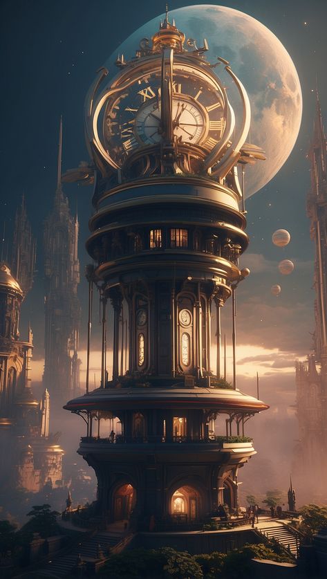 There is a clock tower with a clock on top of it Fantasy Clock Tower, Huge Clock, Time Portal, Giant Clock, Father Time, Time Passing, Building Art, Steampunk Art, Large Clock