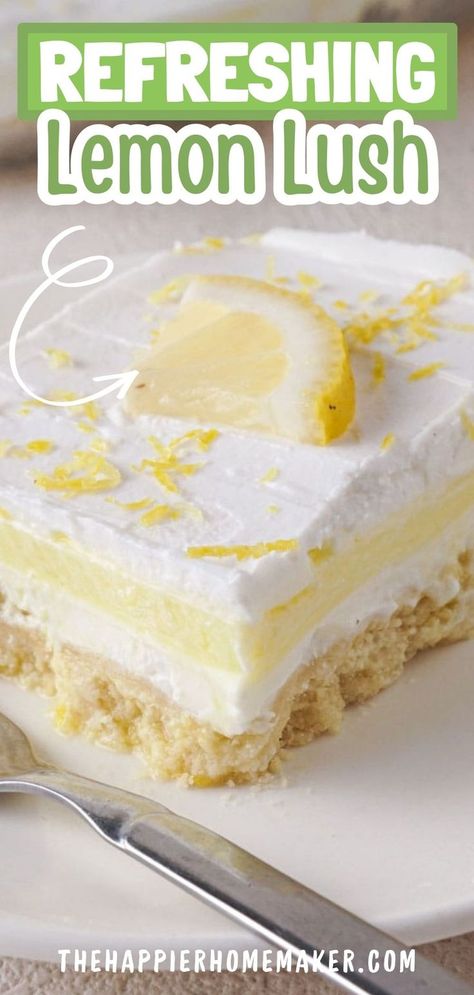 Lemon Lush is a delightful dessert featuring layers of creamy goodness on a buttery shortbread crust. With its refreshing lemon flavor and luscious texture, it's sure to be a crowd-pleaser at any gathering or as a sweet treat for yourself. Whether you're hosting a party or simply indulging in a dessert craving, Lemon Lush is the perfect choice for a light and satisfying treat. Lemon Lush Cake Recipe, Lemon Lush Recipe, Lemon Desserts Bars, Shortbread Desserts, Lemon Lush Dessert, Lush Dessert, Lush Cake, Lush Recipes, Lemon Lush