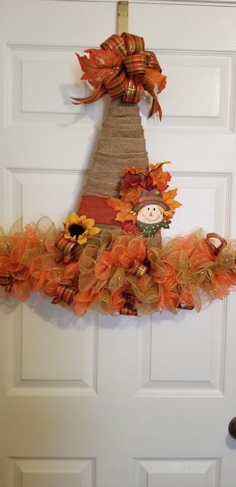 Burlap Witch Hat Wreath, Metal Witch Hat Wreath, Witch Hat Metal Frame, Fall Witch Hat Wreath, Scarecrow Deco Mesh Wreath, Dollar Tree Hat Wreath, Fall Hat Wreath, Which Hat Wreath, Dollar Tree Wire Witch Hat