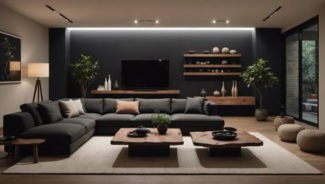 7 Tips for Creating a Dark Japandi Living Room - DexDecor Dark Japandi Living Room, Japandi Dark Wood, Dark Japandi, Japandi Inspiration, Japandi Black, Living Room Japandi, Dark Grey Couch Living Room, Kitchen Flooring Trends, Japandi Living Room Design