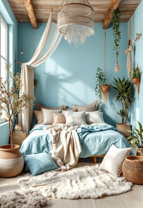 Blue Boho Girls Bedroom Blue Bedroom With Plants, Teal Wall Bedroom Ideas, Bedroom Pastel Aesthetic, Girls Bedroom Ideas Blue, Turquoise Teen Room, Teal Wall Bedroom, Boho Girls Bedroom Ideas, Norwegian Ridgeback, Bedroom Boho Ideas