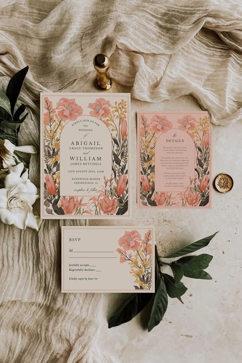 Garden Wedding Invitations Floral Design, Sage And Peach Wedding Invitations, Floral Arch Wedding Invitation, Arch Invitation, Blush Peach Wedding Invitations, Orange Floral Wedding Invitations, Peach Floral Wedding, Wedding Floral Arch, Peach Wedding Invitations