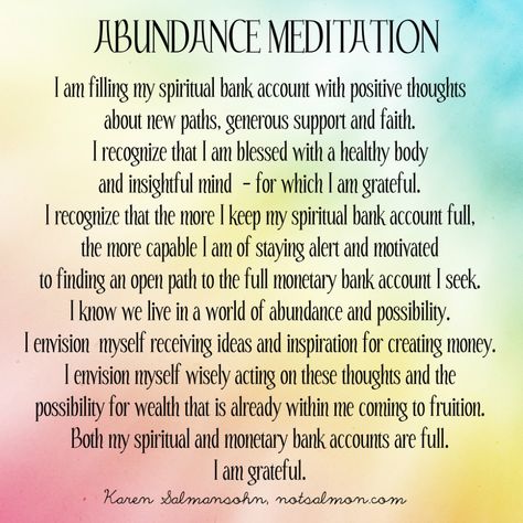 Looking for a powerful abundance meditation so you stay focused & confident about achieving financial goals? Check out this script by Karen Salmansohn Guided Imagery Scripts, Metta Meditation, Guided Meditation Scripts, Gratitude Meditation, Meditation Scripts, Guided Imagery, Meditation Prayer, Wealth Affirmations, Abundance Affirmations