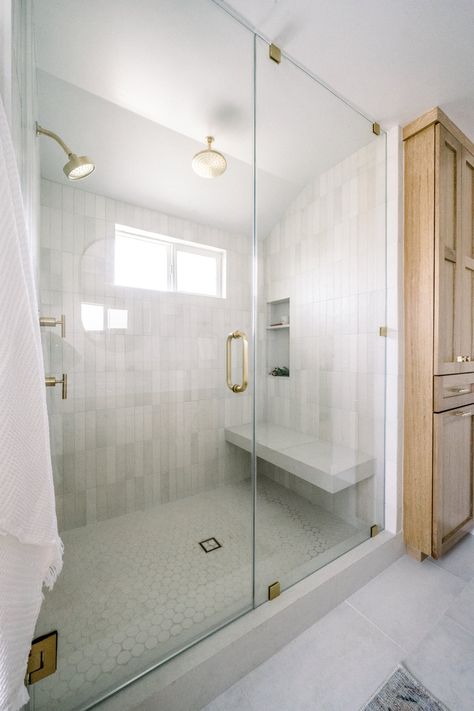 Glassless Shower Walk In Master Bath, Shower Opposite Vanity, Coastal Modern Bathroom Design, Mosaic Tile Bathroom Wall Shower Designs, Lvp In Master Bath, Shower With Accent Wall, Two Person Shower Walk In, Neutral Master Bath, Doorless Showers Walk In