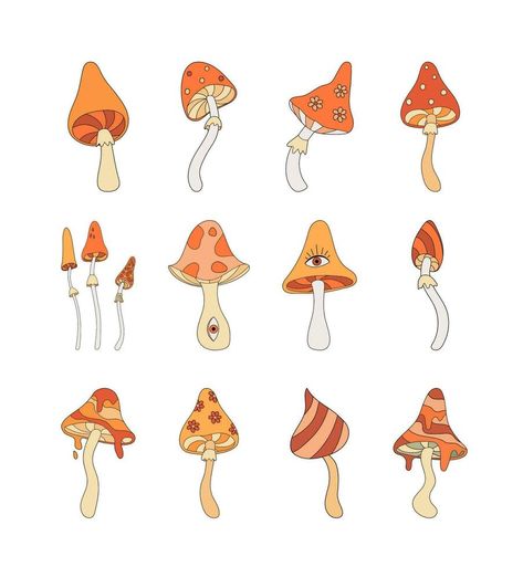 Set of vintage groovy mushrooms flat vector illustration in 70s and 80s style.  Retro autumn vibe elements, Boho hippie clipart on white background Vintage Autumn Illustration, Boho Drawing, Retro Autumn, Autumn Illustration, Flat Vector Illustration, 80s Style, Background Background, Flat Vector, 70s Retro