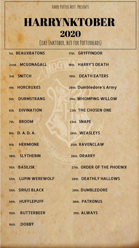 Harry Potter Drawing Challenge, Harry Potter Drawing Prompts, Harry Potter Characters Sketch, October Prompts, Harry Potter Challenge, Inktober List, 30 Day Art Challenge, Art Journal Challenge, 30 Day Drawing Challenge