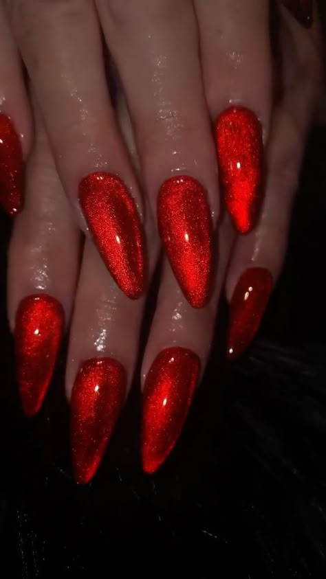 Christmas Nails Cateye, Velvet Red Nails, Red And Silver Cat Eye Nails, Red Cat Eye Gel Nails, Black And Red Cateye Nails, Dark Red Cateye Nails, Red Cat Eye Nails Design, Red Cateye Nails, Red Cat Eye Valentines Nails