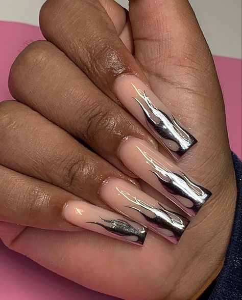 Flame Nails, Grey Acrylic Nails, Silver Nail Designs, Small Nails, Tapered Square Nails, Gel Nails Diy, Nails Salon, Dope Nail Designs, Instagram Nails