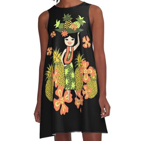 Loose-fit, mid-length sleeveless dress with silky handfeel. Printed on both sides. Machine washable. Size range XS-2XL. Come to the pineapple luau! Our hula girl showcases her pineapple treats and tropical flowers while spreading the message of Aloha! A tonal lemon hibiscus pareau print is in the background. Pineapple Treats, Hula Girl, Dress For Sale, Tropical Flowers, Papaya, Hibiscus, Mid Length, Dresses For Sale, A Line Dress