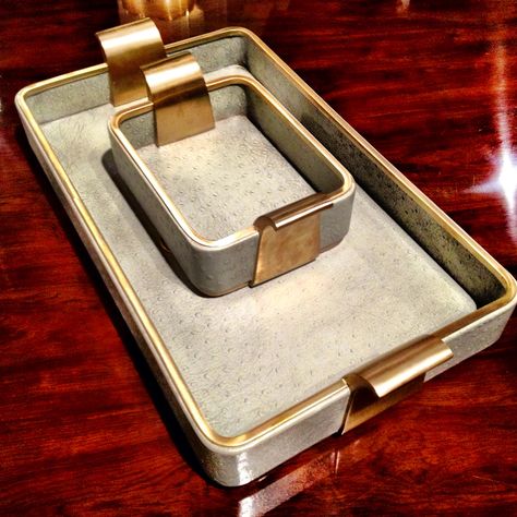 These gorgeous brushed brass and blue ostrich embossed leather trays frim Theodore Alexander exude timeless chic 229 West Russell Avenue #hpmkt Fall House Decor, Leather Trays, Brass Bucket, Patio Gardening, Fall House, Fall Living Room, Leather Tray, Box Designs, Tray Design