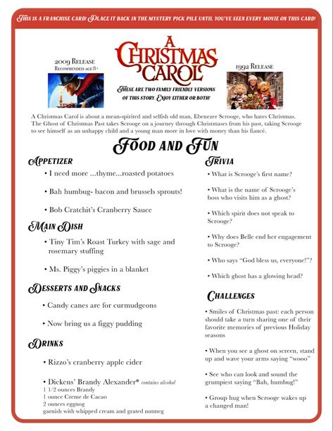 A Christmas Carol Dinner And A Movie, Christmas Carol Themed Party Food, Christmas Movie Food And Fun, Muppet Christmas Carol Movie Night, Christmas Dinner And Movie Ideas, Christmas Movie And Dinner Theme, Christmas Movie Themed Meals, Christmas Movie Night Menu Ideas, Christmas Movie Themed Dinner Ideas