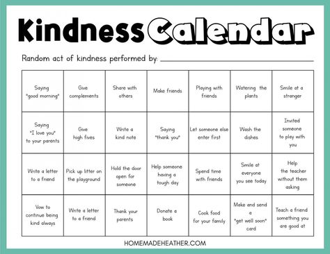 A free kindness calendar to mark off an activity each day. Random Act Of Kindness Preschool, Preschool Acts Of Kindness, Power Hour Ideas For Kids, Kindness Week Activities For Adults, Acts Of Kindness For Preschoolers, February Kindness Challenge, Kindness Worksheets Free Printable, Random Acts Of Kindness For Kids, Kindness Bingo For Kids