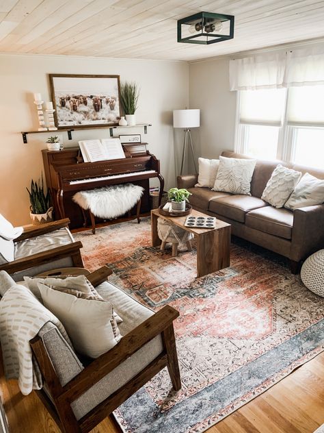 Small Room With Piano Layout, Boho Living Room With Piano, Small Living Room Ideas With Piano, Small Family Room Dining Room Combo, Open Concept Living Room With Piano, Small Sitting Room With Piano, Piano Front Room, Living Room Design With Piano, Sitting Room With Piano Layout