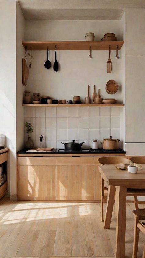 Natural Material Kitchen, Wood White Kitchen, Japanese Kitchen Ideas, Kitchen Japanese Style, Japanese Inspired Kitchen, Japandi Kitchen Ideas, Japanese Kitchen Design, Japanese Style Kitchen, Japandi Kitchen