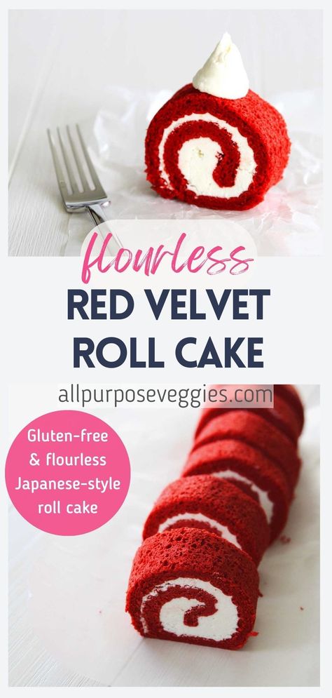 There is nothing quite like a delicious slice of red velvet cake at Christmas, and this soft & airy Melt in Your Mouth Red Velvet Swiss Roll Cake is sure to please everyone around the table. If you're looking for a show-stopping, festive, and decadent dessert that is also gluten free, you've come to the right recipe. This delicious cake is made with eggs, sugar, heavy cream, cornstarch and cocoa powder - and no flour! #rollcake #swissroll #glutenfreecake #flourless #redvelvetcake Flourless Red Velvet Cake, Gluten Free Swiss Roll Cake, Gluten Free Roll Cake, Gluten Free Red Velvet Cake Recipe, Red Velvet Roll Cake, Red Velvet Swiss Roll, Red Velvet Roll, Gluten Free Red Velvet Cake, Velvet Desserts