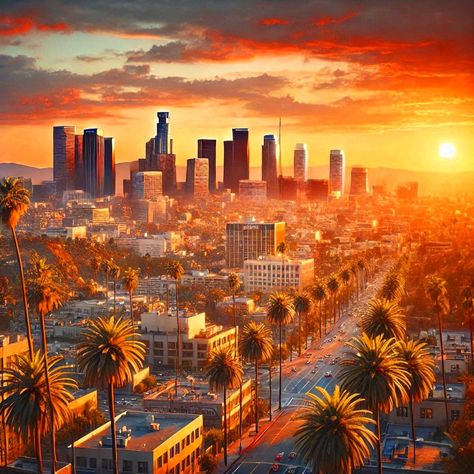 This breathtaking Los Angeles skyline poster captures the city's iconic skyscrapers, palm-lined streets, and a vibrant sunset glowing over the horizon. Perfect for home or office décor, this high-resolution artwork brings the warmth and energy of LA into any space. 4000*4000 px Palm Lines, Los Angeles Skyline, Golden Sunset, The Horizon, Skyscraper, Office Decor, Oeuvre D'art, High Resolution, Bring It On