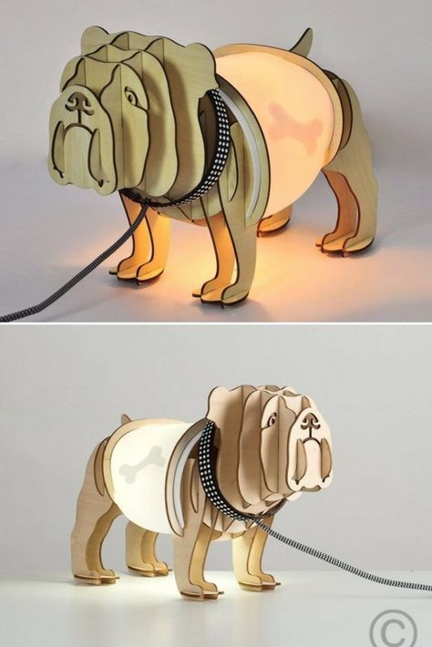 Cute Bulldog Table Lamp - Table Lamps - A fantastic table lamp – Intricate wooden profiles in the shape of a bulldog. The area of the stomach contains the bulb and when lit, reveals – as an xray – the dog’s bone consumed. The effect is completed by the diamond encrusted collar and the leash (thread with... #Bedside #Concept #Handmadelighting #Lamp #Lightbulb #Lighting #Lightingdesign #Modernlighting #Tablelamp #Woodlamp #Woodworking Funky Table Lamp, Best Desk Lamp, Animal Lamp, Cute Bulldogs, Animal Magic, Bright Homes, 3d Laser, Handmade Lighting, Room Lamp