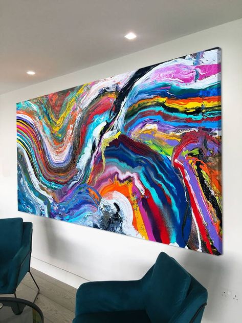 New painting finished: 'Wave Rider' Yes, yes, and yes again!! This was a real triumph of a painting and one that was created with a giant piece of stanless steel. Big Colorful Paintings, Abstract Big Painting, Big Painting Canvas, Large Colourful Wall Art, Wall Art Diy Paint, Art Paintings For Sale, Black Art Painting, Canvas Painting Designs, Modern Art Paintings