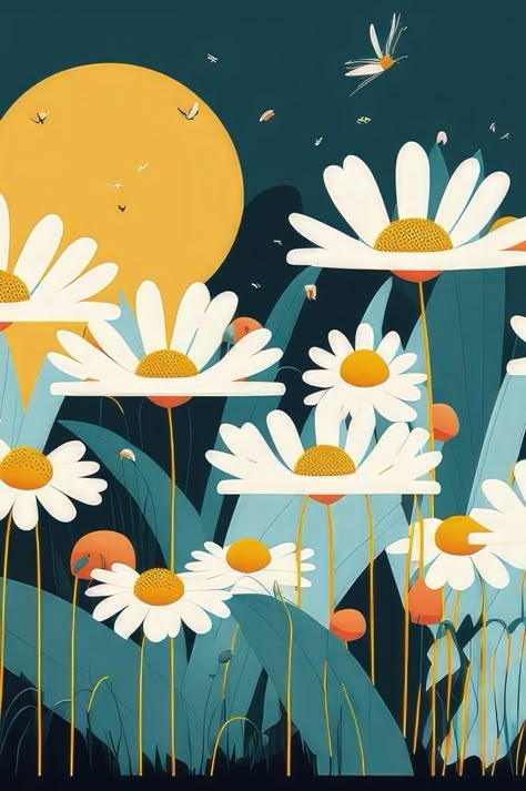 Aesthetic Graphic Art, Daisy Landscape, Daisy Illustration, Daisy Garden, Painting Contemporary Art, Daisy Art, Flowers Abstract, Posca Art, Folk Art Flowers