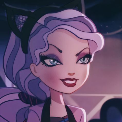 Ever After High Pfp Kitty, Kitty Cheshire Pfp, Purple Hair Pfp Cartoon, Kitty Cheshire Icon, Kitty Cheshire Aesthetic, Ever After High Kitty Cheshire, Eah Icons, Kitty Cheshire, Monster High Art