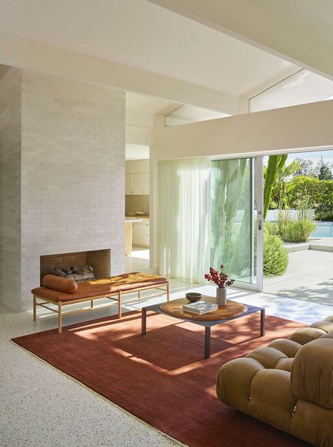 Custom-Mixed Terrazzo Floors Lay the Groundwork for the Glow Up of an L.A. Midcentury - Dwell Terrazzo Floor Tiles Living Room, Terrazzo Floor Living Room, Terrazzo Living Room, Terrazzo Flooring Living Room, Terazzo Floor, Terrazzo Floor Tiles, Small Beach Houses, Tile Floor Living Room, Terrazzo Floor