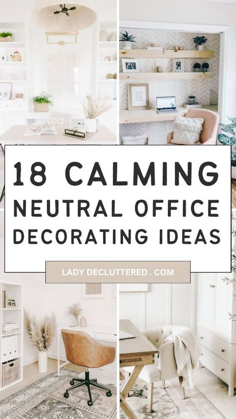 The perfect home office should be a place where you feel comfortable and productive. While many people might think that this means having vibrant, colorful decor, there is also a case for choosing cozy neutral tones as well. These calming shades can provide a relaxing backdrop for your work, helping you to focus and get things done.  They have the added advantage of blending in easily with any existing furniture or decor, so that you can create the perfect space with minimal effort. Neutral Color Office Ideas, Spa Like Office Ideas, Neutral Office Wall Decor, Personal Office Ideas, Calming Work Space, Gender Neutral Office Decor, Rustic Small Office Ideas, Color Schemes For Home Office, Modern Counseling Office