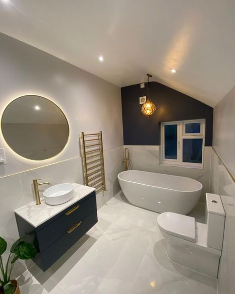 Marble Brass Bathroom, Navy Ensuite, Small Navy Bathroom, Blue Feature Wall, Bathroom Feature Wall, Navy Bathroom, Grey Bathroom Tiles, White Marble Bathrooms, Marble Tile Bathroom