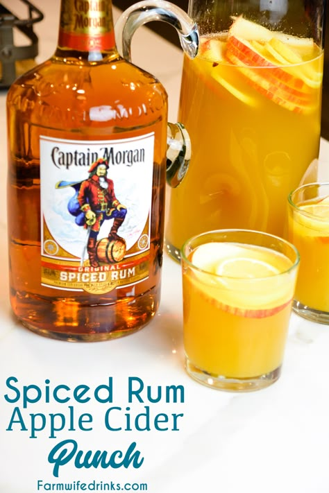 Apple cider punch is a simple fall punch recipe made with apple cider, pineapple juice, and ginger ale that is perfect to be topped off with spiced rum like Captain Morgan, amaretto or vodka. #AppleCider #Rum #CaptianMorgan #FallDrinks #FallRecipes #Drinks Spiked Rum Apple Cider, Spiced Rum Apple Cider Captain Morgan, Apple Cider And Rum Drinks, Fall Drinks With Apple Juice, Spiced Rum And Apple Cider, Rum Apple Cider Cocktail, Captain Morgan Apple Cider, Apple Cider Alcoholic Punch, Captain Morgan Hot Apple Cider