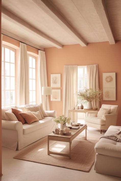 Peach Colour Interior, Peach Beige Aesthetic, Light Peach Walls Living Room, Peachy Living Room, Peach Beige Paint, Salmon Walls Living Room, Light Peach Living Room, Salmon Color Living Room, Salmon Pink Living Room