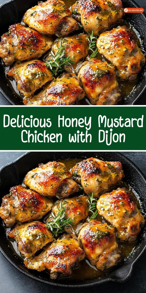 This delicious Honey Mustard Chicken recipe uses Dijon mustard, honey, and fresh thyme for a flavorful glaze that’s perfect on crispy baked chicken thighs. Recipes Using Mustard, Honey Dijon Chicken Thighs, Chicken Thigh Recipes Mustard, Honey Mustard Chicken Skillet, Dijon Mustard Chicken Thighs, Honey Mustard Chicken Oven, Honey Glazed Chicken Thighs, Chicken Mustard, Baked Honey Mustard Chicken With Potatoes