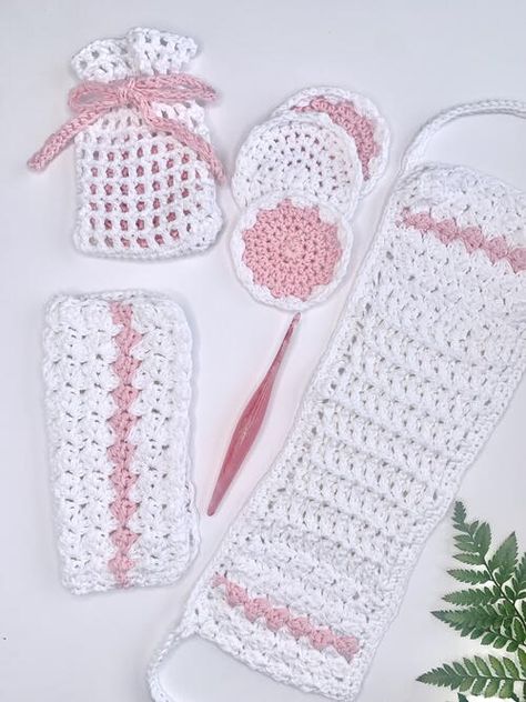 Cotton Grass Spa Set Crochet Spa Set Pattern, Crochet Spa Set, Home Spa Set, Soap Saver Bag, Crochet Blanket Edging, Crochet Washcloth Pattern, Face Scrubbies, Foundation Single Crochet, Back Scrubber